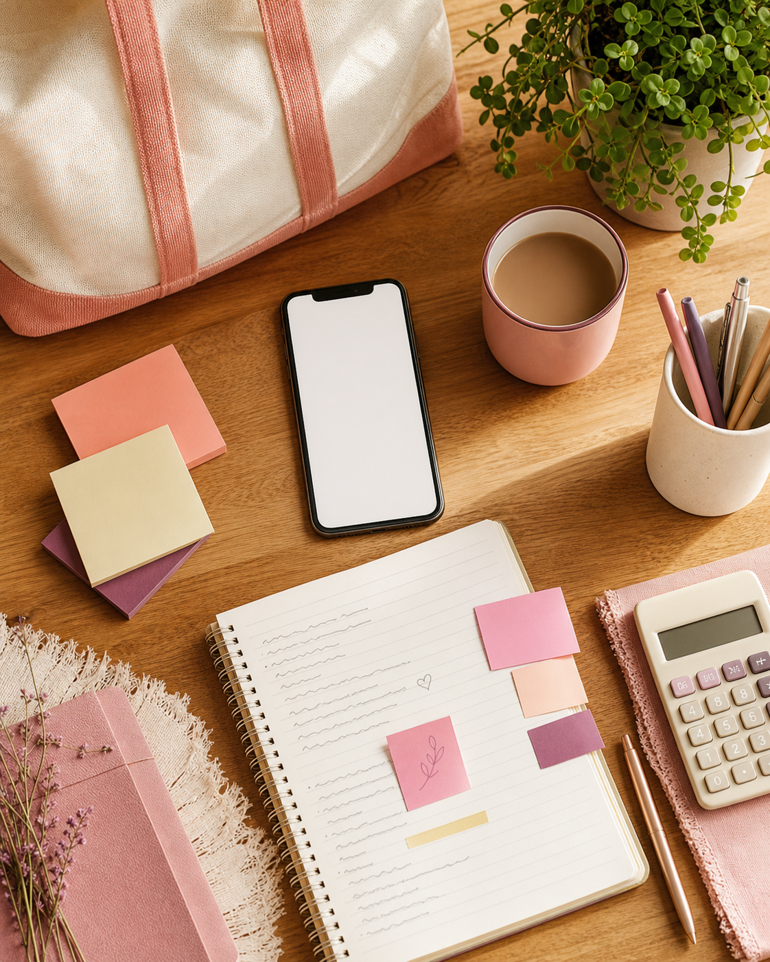 Mesa com celular, anotações e itens para planejamento